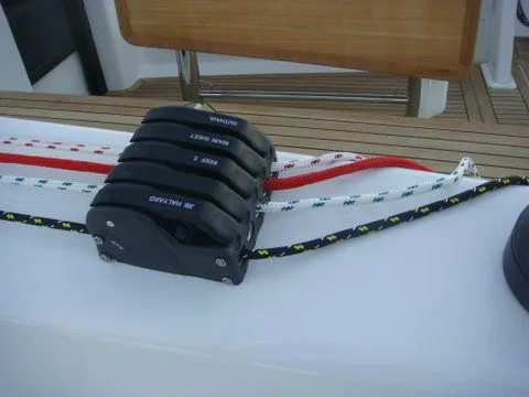 Bonejour Yacht Photos Pics Close-up of rope clutches on a 2012 Hanse 385 sailboat deck.