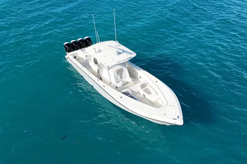  Yacht Photos Pics 2020 SeaVee 390Z boat on clear blue water, aerial view.