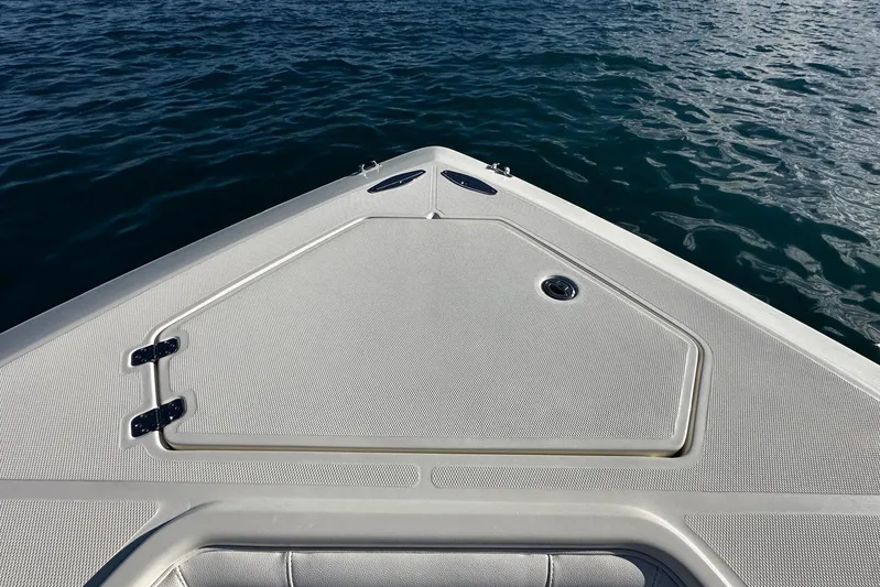  Yacht Photos Pics Bow of 2020 SeaVee 390Z boat on calm water, showcasing deck design.