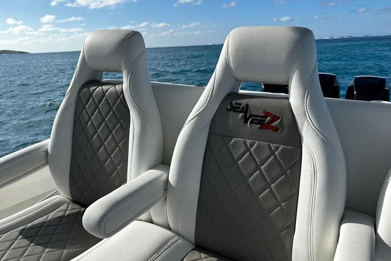  Yacht Photos Pics Luxury seating on 2020 SeaVee 390Z boat with ocean backdrop.