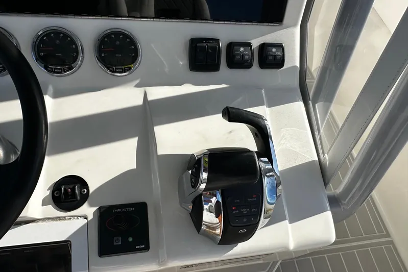  Yacht Photos Pics Control panel of 2020 SeaVee 390Z boat with throttle and gauges.