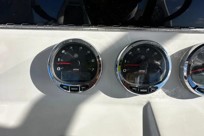 Yacht Photos Pics Close-up of 2020 SeaVee 390Z boat RPM gauges on dashboard.