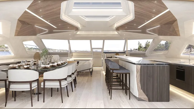 Laniakea Yacht Photos Pics Luxurious interior of 2026 Latitude 46 Catamaran with modern dining and kitchen area.