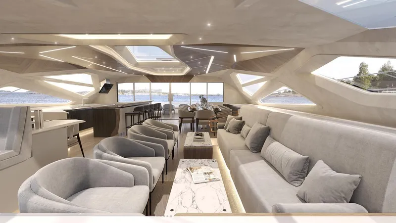 Laniakea Yacht Photos Pics Luxurious interior of 2026 Latitude 46 Catamaran with modern seating and panoramic windows.