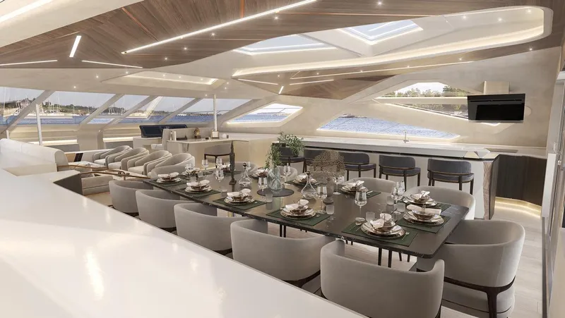 Laniakea Yacht Photos Pics Luxurious interior of 2026 Latitude 46 Catamaran with elegant dining area and panoramic windows.