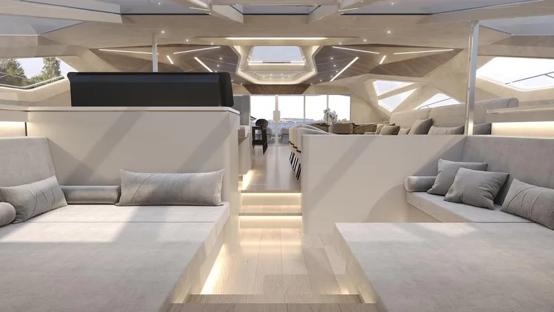Laniakea Yacht Photos Pics Luxurious interior of 2026 Latitude 46 Catamaran, featuring modern design and spacious seating.