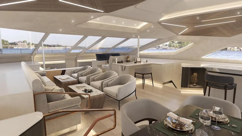Laniakea Yacht Photos Pics Luxurious interior of 2026 Latitude 46 Catamaran with modern seating and panoramic windows.