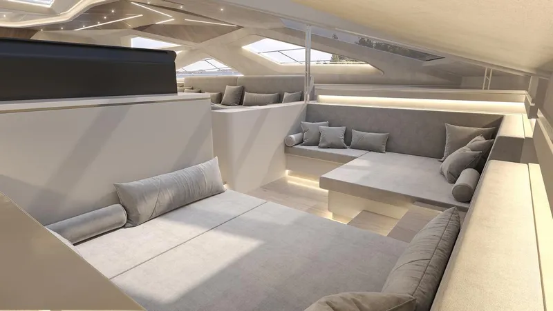 Laniakea Yacht Photos Pics Luxurious interior of 2026 Latitude 46 Catamaran with modern seating and skylights.