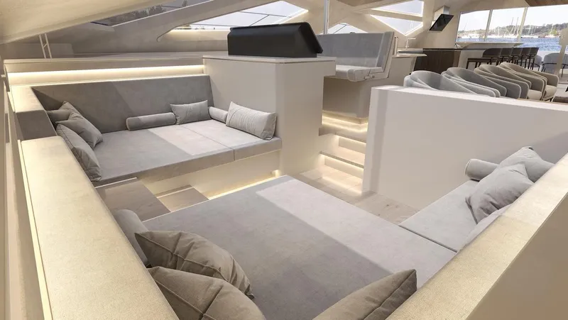 Laniakea Yacht Photos Pics Luxurious interior of 2026 Latitude 46 Catamaran with modern seating and elegant design.