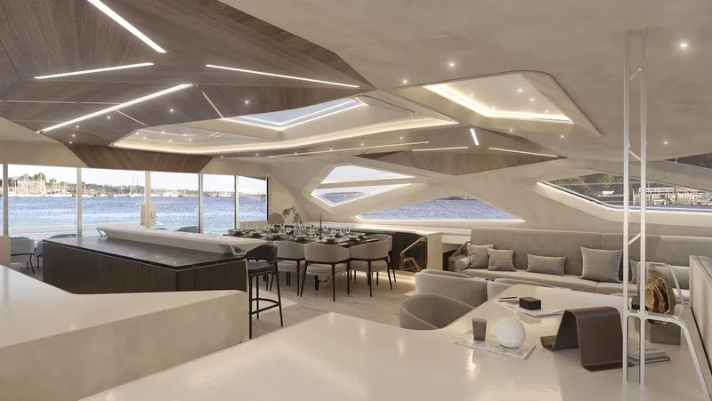 Laniakea Yacht Photos Pics Luxurious interior of 2026 Latitude 46 Catamaran with modern design and panoramic windows.