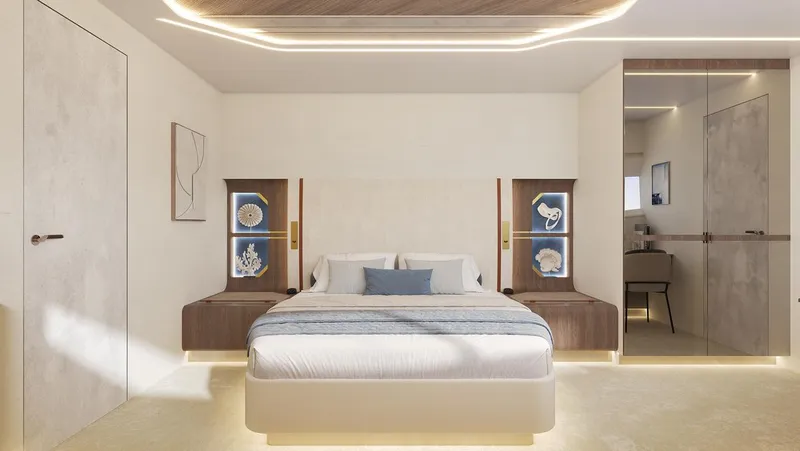 Laniakea Yacht Photos Pics Modern bedroom interior on Latitude 46 Catamaran, 2026 model, featuring elegant design and ambient lighting.