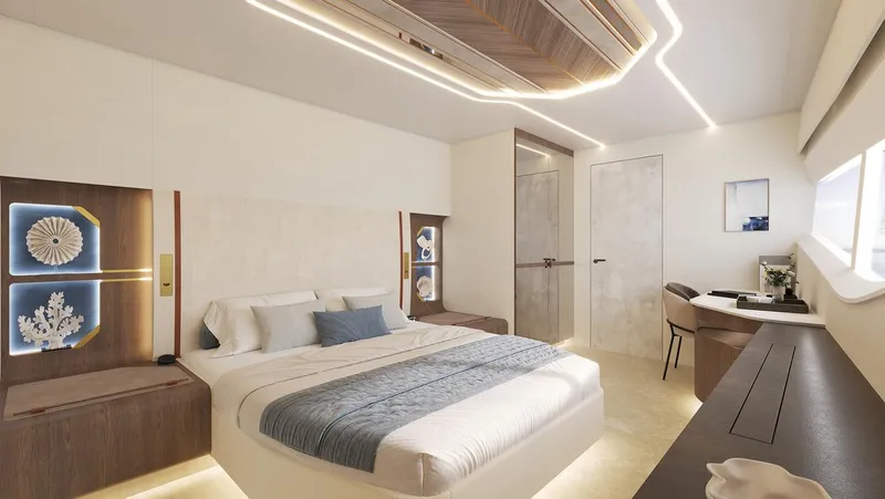 Laniakea Yacht Photos Pics Luxurious 2026 Latitude 46 Catamaran bedroom with modern decor, ambient lighting, and elegant furnishings.