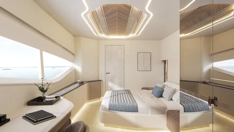 Laniakea Yacht Photos Pics Luxurious 2026 Latitude 46 Catamaran bedroom with modern design, ambient lighting, and ocean view.