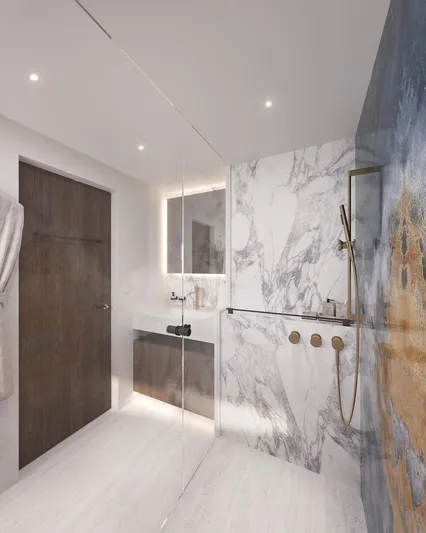 Laniakea Yacht Photos Pics Luxurious bathroom in 2026 Latitude 46 Catamaran with marble accents and modern fixtures.