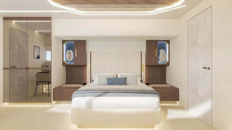 Laniakea Yacht Photos Pics Luxurious bedroom interior in 2026 Latitude 46 Catamaran, featuring modern design and elegant furnishings.