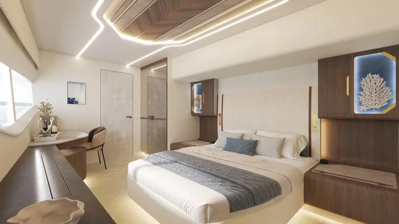 Laniakea Yacht Photos Pics Luxurious bedroom interior of 2026 Latitude 46 Catamaran with modern design and ambient lighting.