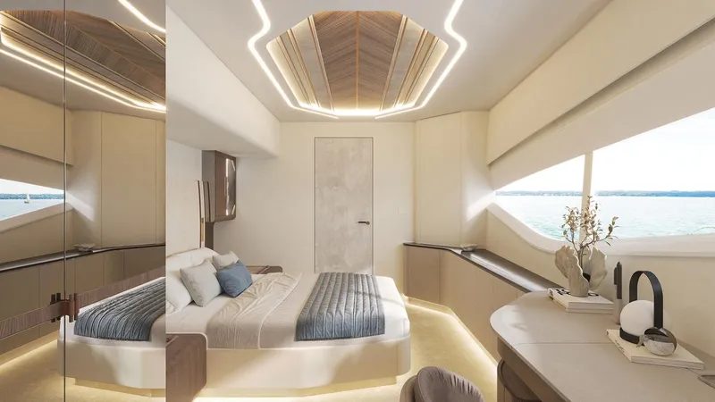 Laniakea Yacht Photos Pics Luxurious interior of 2026 Latitude 46 Catamaran, featuring modern design and panoramic windows.