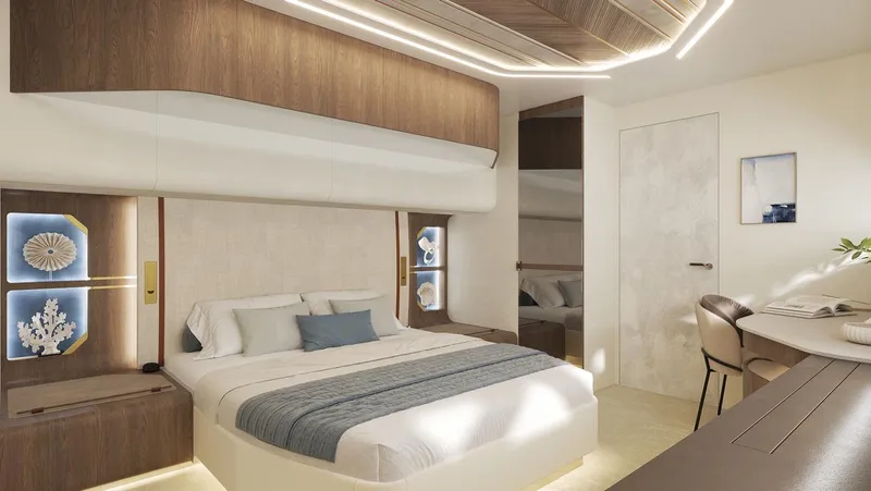 Laniakea Yacht Photos Pics Luxurious interior of 2026 Latitude 46 Catamaran, featuring modern bedroom design and elegant furnishings.