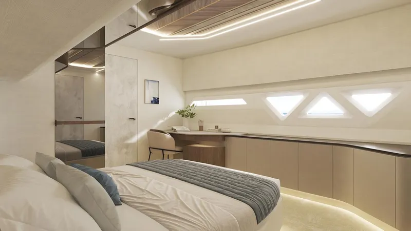 Laniakea Yacht Photos Pics Luxurious interior of 2026 Latitude 46 Catamaran, featuring modern bedroom design and elegant furnishings.
