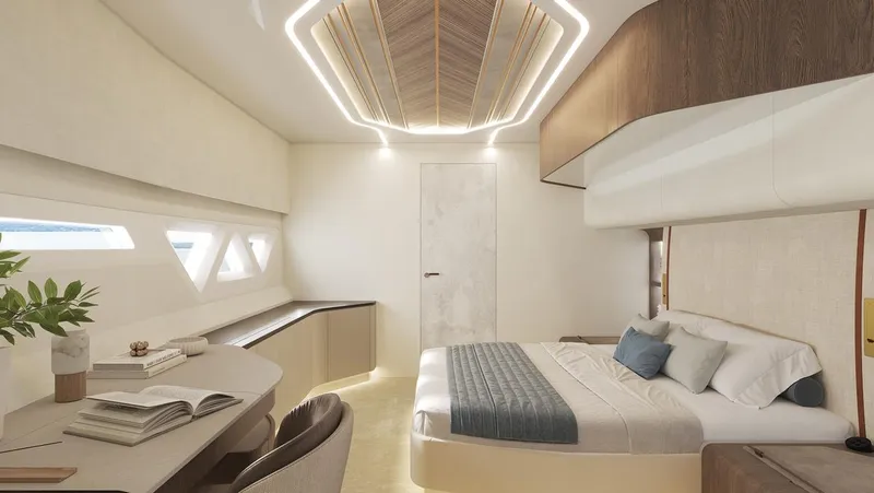Laniakea Yacht Photos Pics Luxurious 2026 Latitude 46 Catamaran cabin with modern design and elegant furnishings.