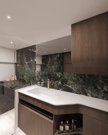 Laniakea Yacht Photos Pics Luxurious bathroom interior on 2026 Latitude 46 Catamaran with marble and wood finishes.