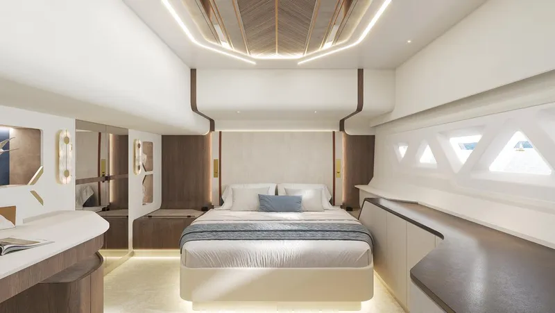 Laniakea Yacht Photos Pics Luxurious interior of 2026 Latitude 46 Catamaran, featuring modern design and elegant lighting.