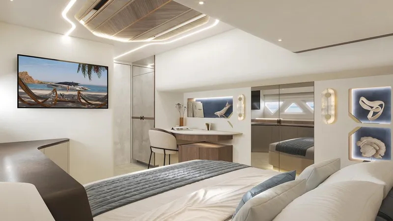 Laniakea Yacht Photos Pics Luxurious interior of 2026 Latitude 46 Catamaran with modern decor and ambient lighting.
