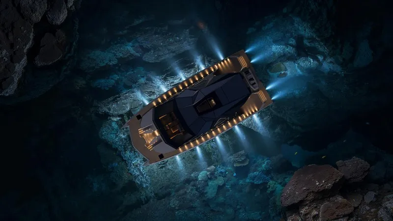 Laniakea Yacht Photos Pics Aerial view of 2026 Latitude 46 Catamaran illuminated on dark water, showcasing sleek design and vibrant lights.