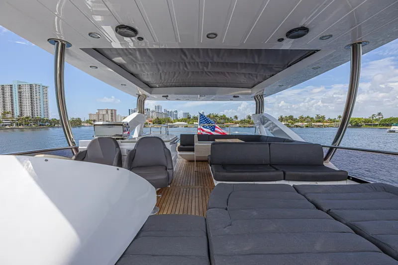 Dirty Dawg Yacht Photos Pics Luxurious 2017 Sunseeker 75 Yacht deck with seating, overlooking waterfront cityscape.