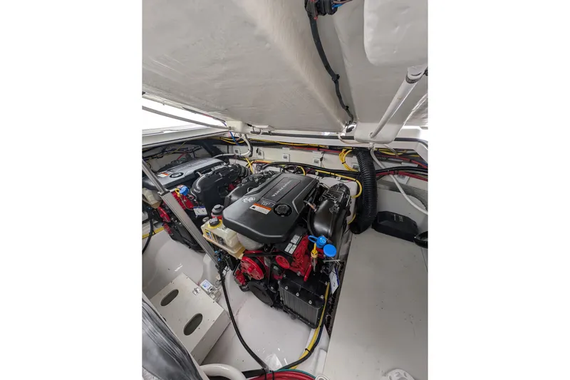  Yacht Photos Pics Engine compartment of 2018 Four Winns H350 boat, showcasing detailed mechanical components.