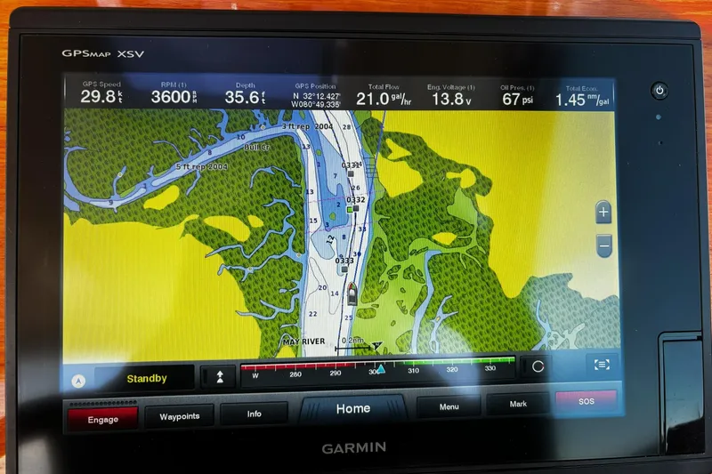 Beyond The Sea Yacht Photos Pics Garmin GPS display on 2017 Hunt Yachts Surfhunter 29, showing navigation and performance data.