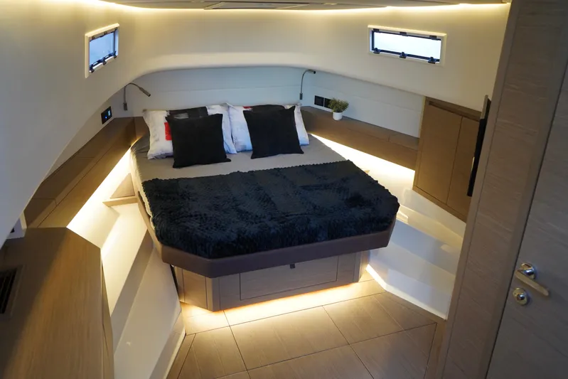  Yacht Photos Pics Luxurious interior cabin of 2025 Pardo Yachts 43 with modern design and ambient lighting.