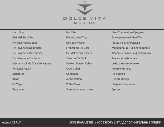 Dejavu Yacht Photos Pics Azimut 78 yacht accessory list in Turkish, English, and Russian by Dolce Vita Marine.