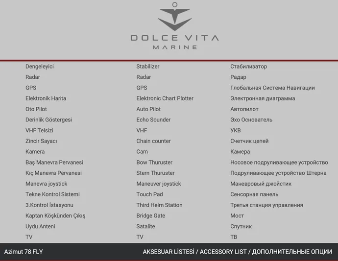 Dejavu Yacht Photos Pics Azimut 78 yacht accessory list featuring navigation, stabilization, and communication systems.