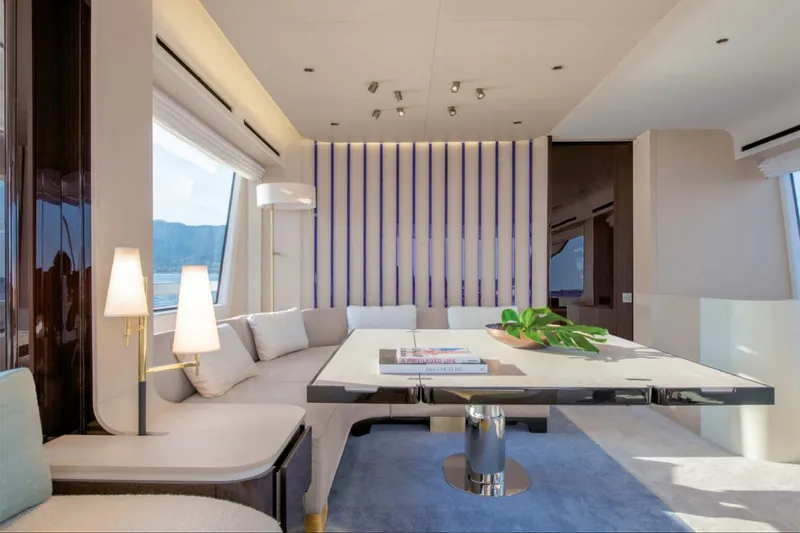 Dejavu Yacht Photos Pics Luxurious interior of 2020 Azimut 78 yacht with modern decor and elegant furnishings.