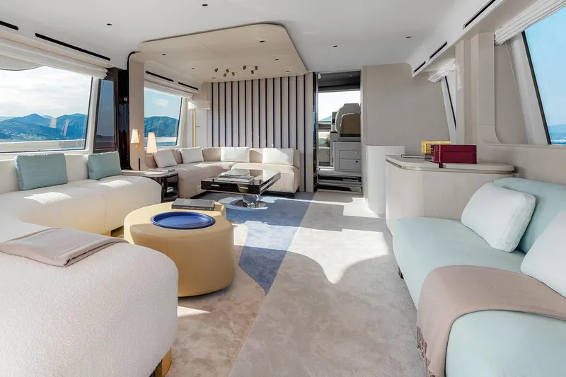 Dejavu Yacht Photos Pics Luxurious interior of a 2020 Azimut 78 yacht with modern furnishings and panoramic windows.