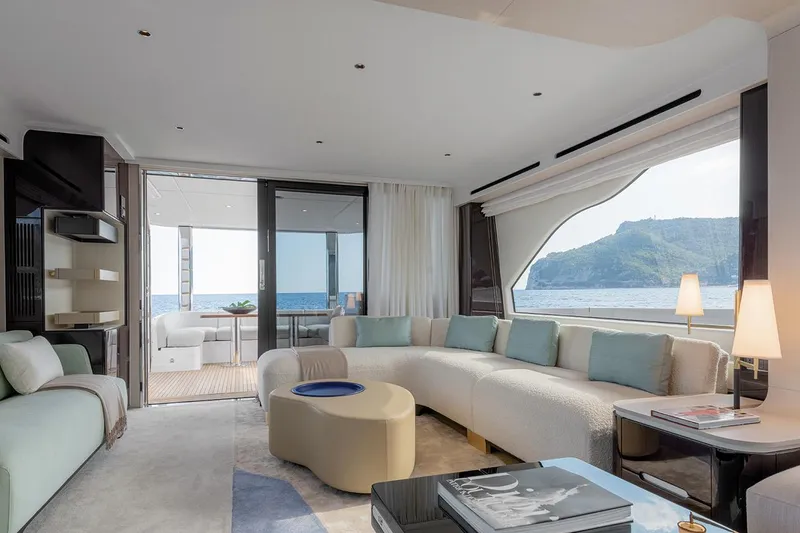Dejavu Yacht Photos Pics Luxurious interior of 2020 Azimut 78 yacht with ocean view and elegant furnishings.