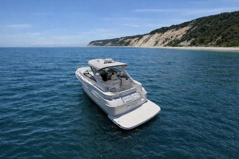 Out With The Buoys II Yacht Photos Pics 2009 Regal Commodore 4060 yacht cruising near scenic coastal cliffs.