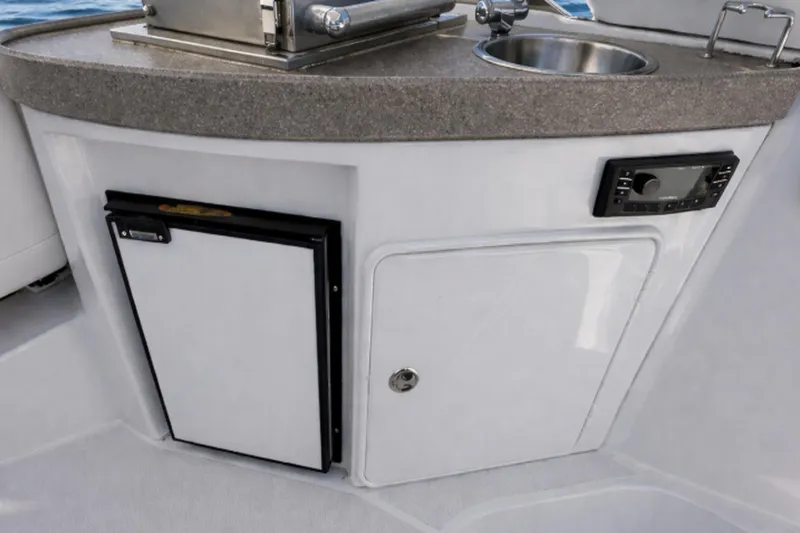 Out With The Buoys II Yacht Photos Pics 2009 Regal Commodore 4060 yacht kitchenette with sink, mini fridge, and control panel.