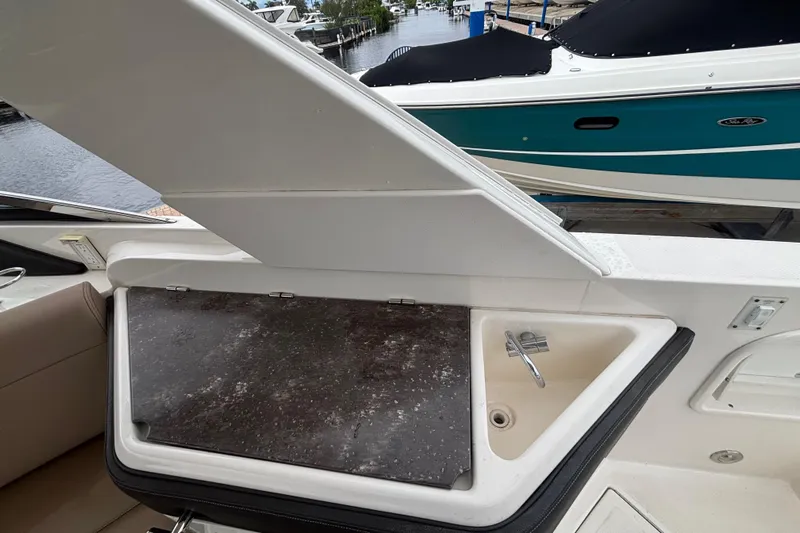 Yacht Photos Pics 2018 Sea Ray SLX 310 Outboard boat with open storage compartment and sink.