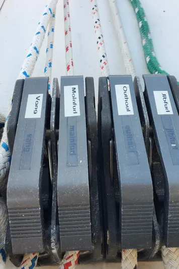  Yacht Photos Pics Close-up of rope clutches on a 1999 Beneteau Oceanis 44 CC sailboat.