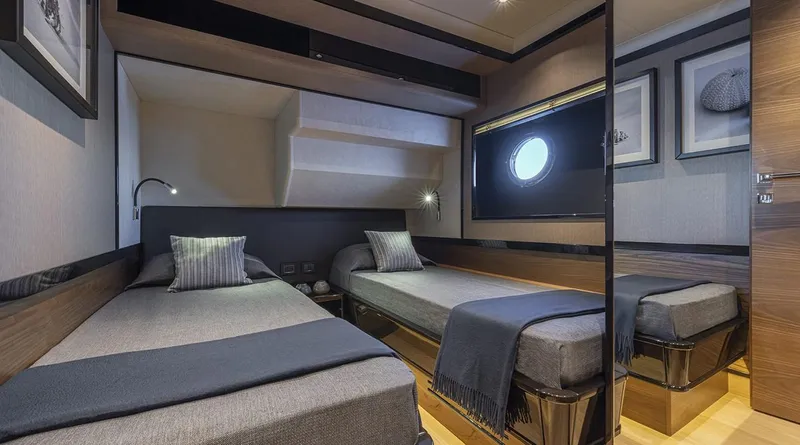 Absolute Navetta 75 Yacht Photos Pics Luxurious twin cabin interior of 2025 Absolute NAVETTA 75 yacht.