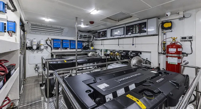 Absolute Navetta 75 Yacht Photos Pics Engine room of 2025 Absolute NAVETTA 75 yacht, featuring advanced machinery and control panels.