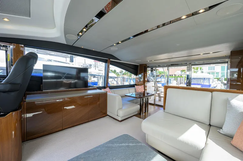 Gallant Lady Yacht Photos Pics Luxurious interior of 2018 Princess 65S yacht with modern furnishings and large windows.