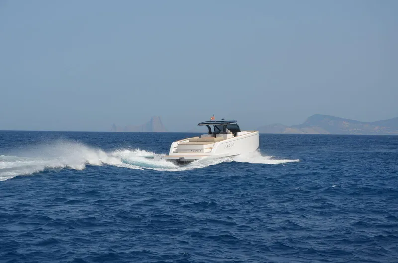 Ban Ban Yacht Photos Pics 2023 Pardo Yachts 50 cruising on open sea with distant islands.