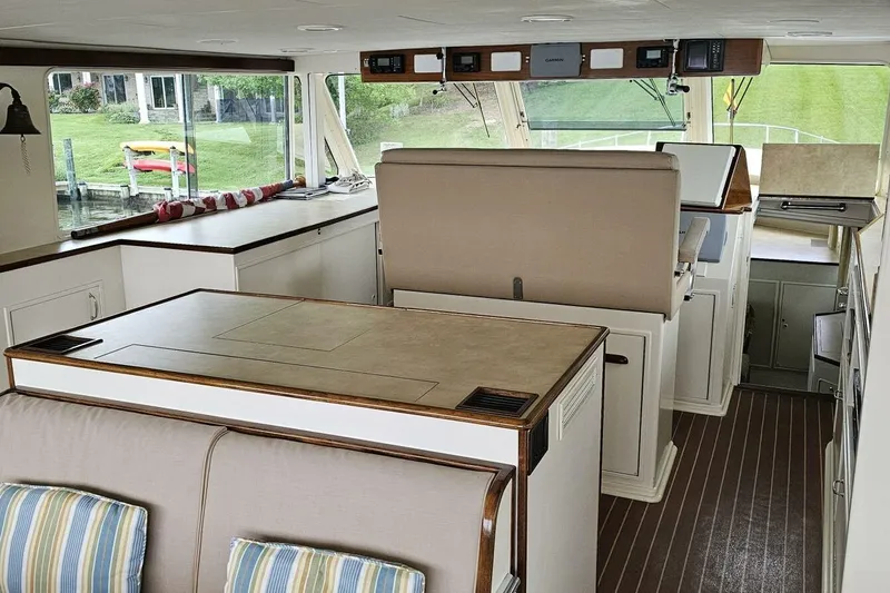 Summer Song Yacht Photos Pics Interior of 1969 Derecktor 68 Hunt Motor Yacht with elegant seating and navigation area.