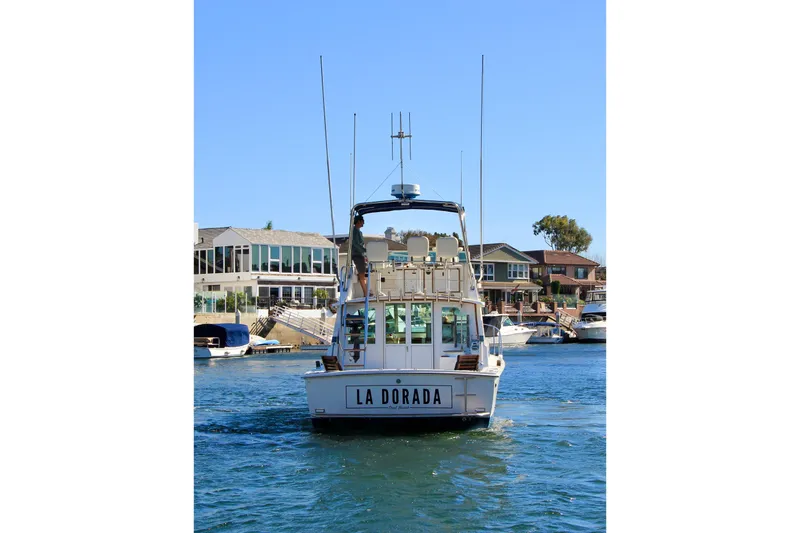 La Dorada Yacht Photos Pics 1980 Bertram 35 Flybridge boat "La Dorada" cruising in a scenic waterfront area.