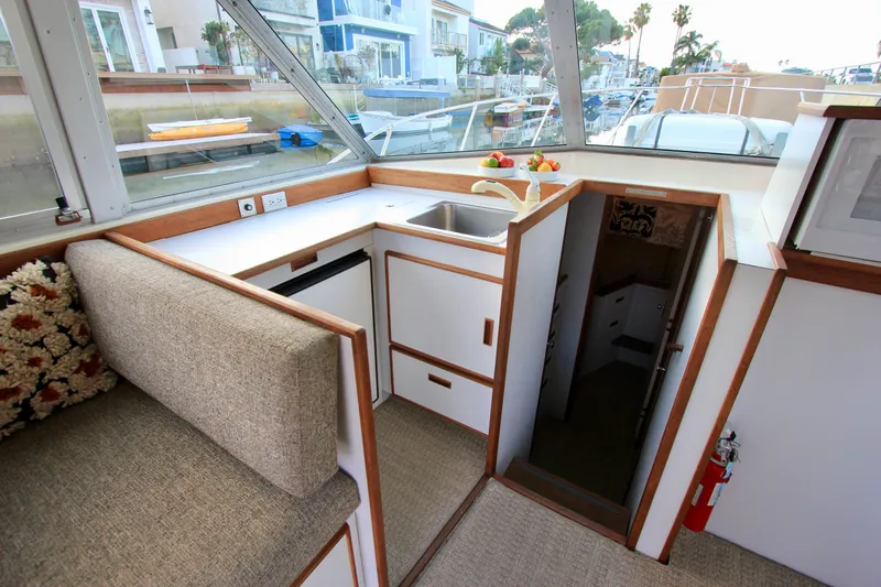 La Dorada Yacht Photos Pics Galley with new Norcold refrigerator. Custom Interior by Crystaliner Corp.