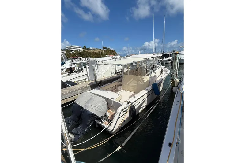  Yacht Photos Pics 2008 Grady-White Marlin 300 boat docked at marina under clear blue sky.