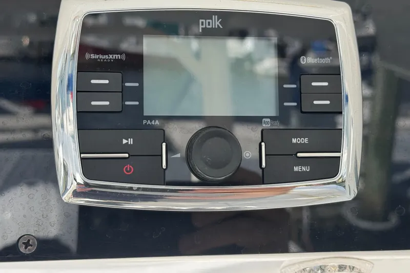 Lady Grey Yacht Photos Pics Polk audio system on 2016 Edgewater 320CC boat, featuring Bluetooth and SiriusXM readiness.